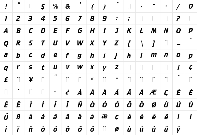 Crillee Italic Regular  glyph index
