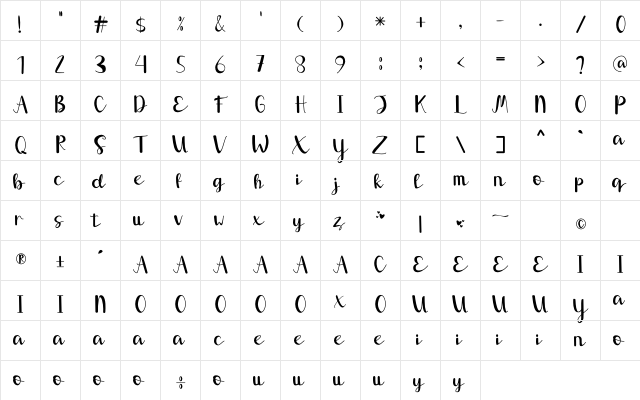 Salsabila Regular  glyph index