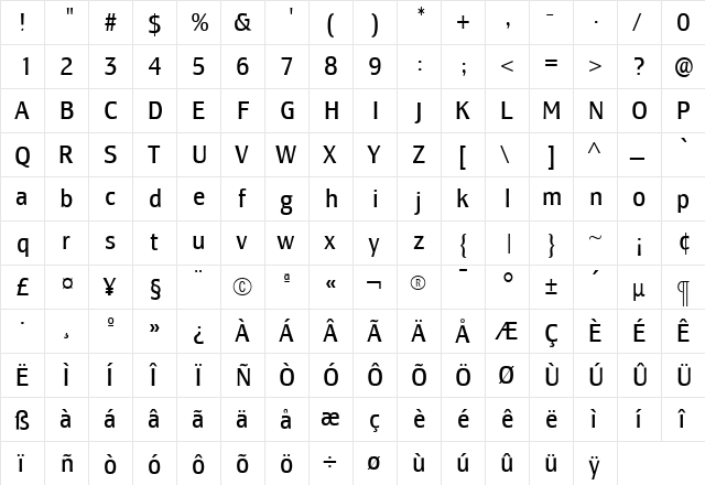 LesmoreBookCondensed Roman  glyph index