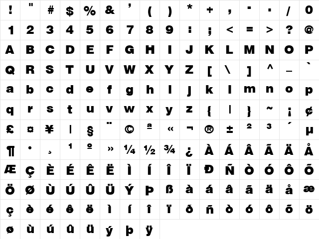 SwitzerlandBlack Regular  glyph index