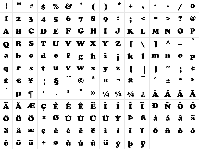 Cooper Black LT Regular  glyph index