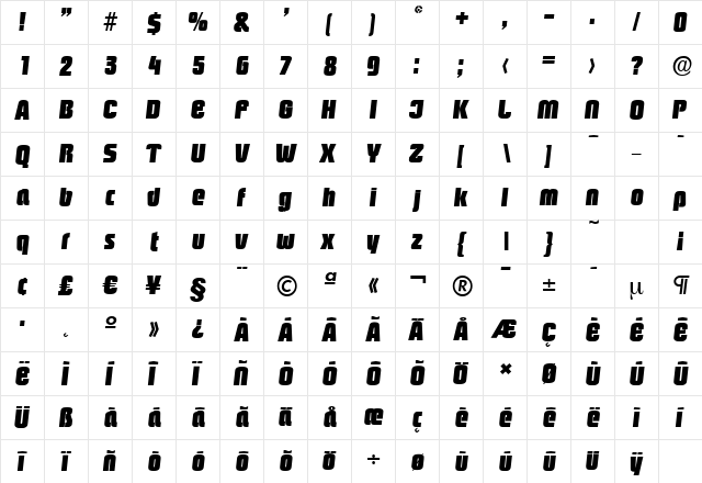 PasadenaSerial-Heavy Italic  glyph index