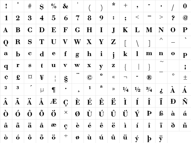 EuroBodTDemBol Regular  glyph index