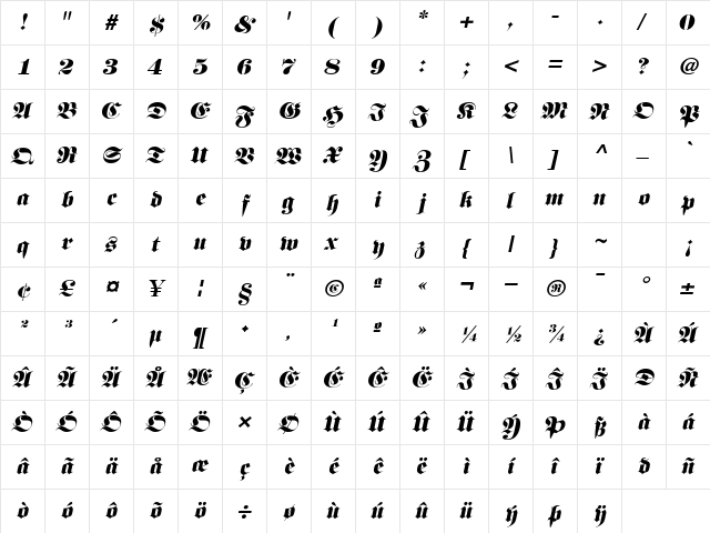 Berliner Italic  glyph index