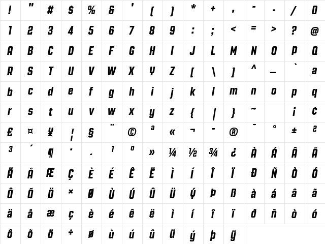 Revolution Gothic Regular  glyph index