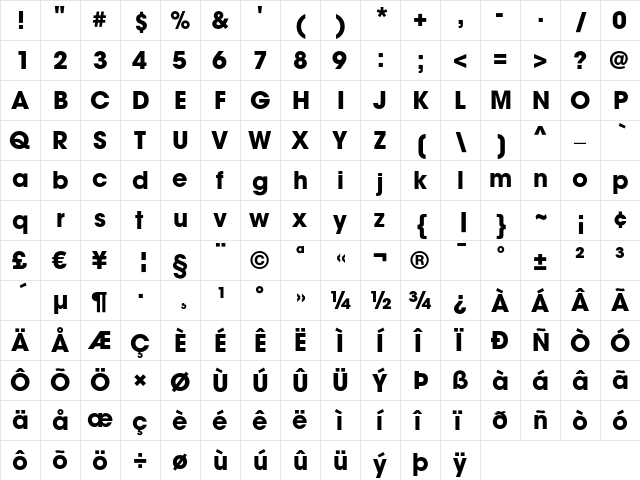 ITC Avant Garde Gothic LT Bold  glyph index