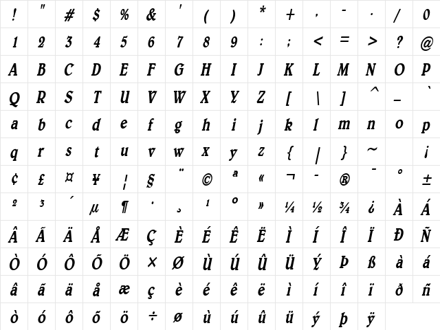 Blew-Condensed Bold Italic  glyph index