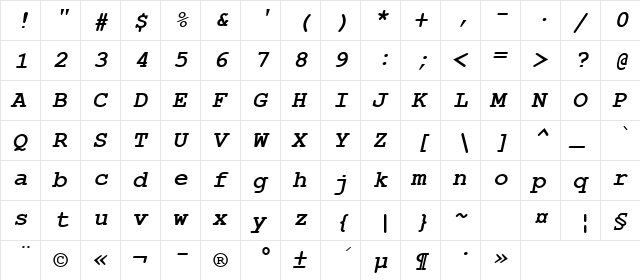 Courier New Cyr Bold Italic  glyph index