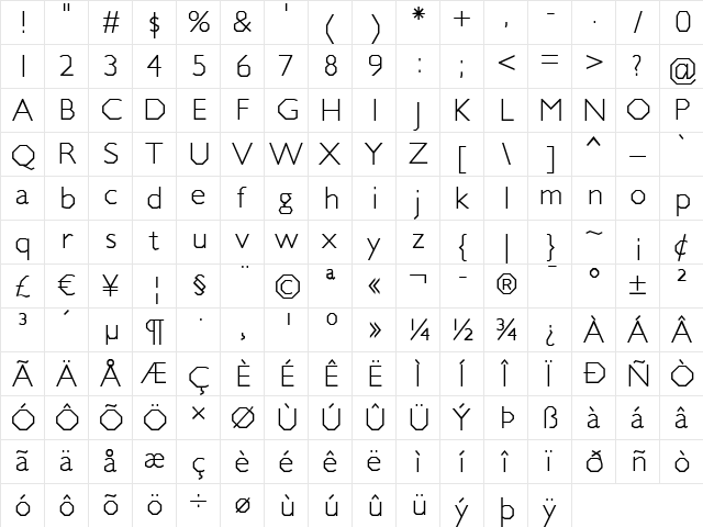 Jillican Light Regular  glyph index