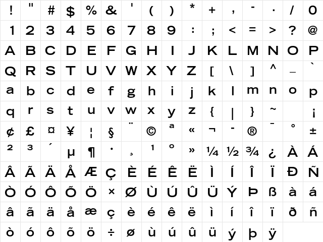 Trade Gothic LT Std Bold Extended  glyph index