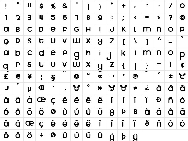 Marshmallow Regular  glyph index