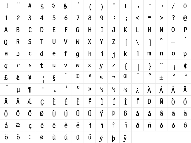 LetterGothicMono Regular  glyph index
