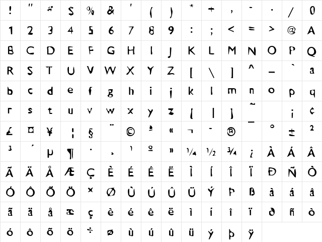 Dirty23 Becker Regular  glyph index