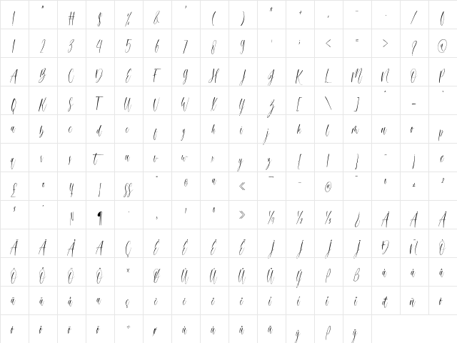 bridesmaid Regular  glyph index
