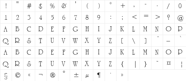 a_RomanusTitul Regular  glyph index