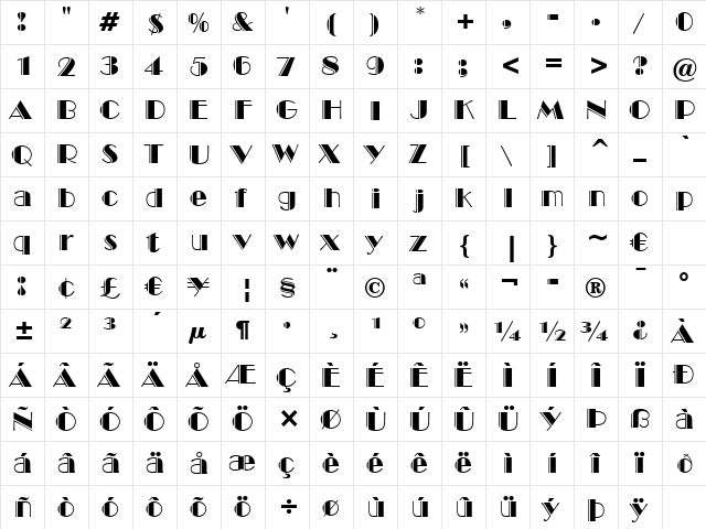 BroadwayEngraved BT Engraved  glyph index