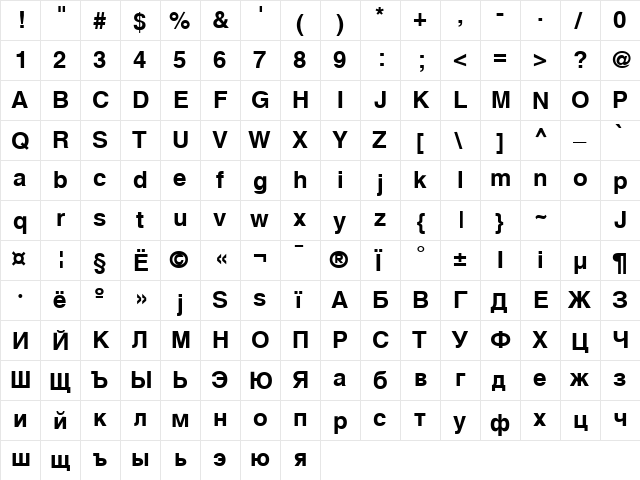 A1010Helvetika TYGRA Bold  glyph index