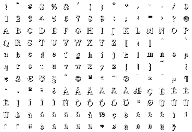 ClearfaceShadow Bold  glyph index