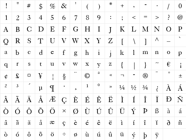 Caslon 540 LT Regular  glyph index