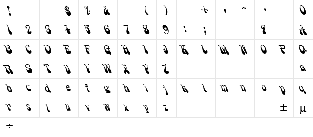 Psychadelic Regular  glyph index