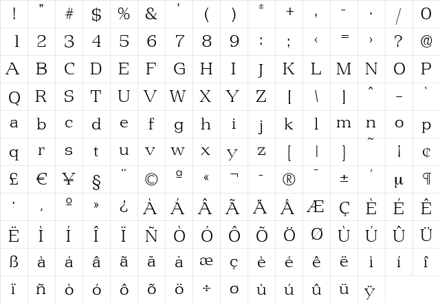 MartinBecker-ExtraLight Regular  glyph index