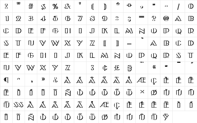 BroadwayEngDRe1 Regular  glyph index