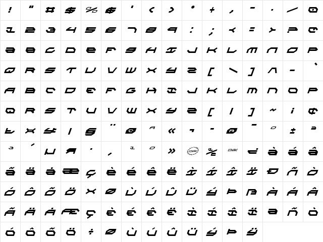 Taskforce Condensed Italic Condensed Italic  glyph index