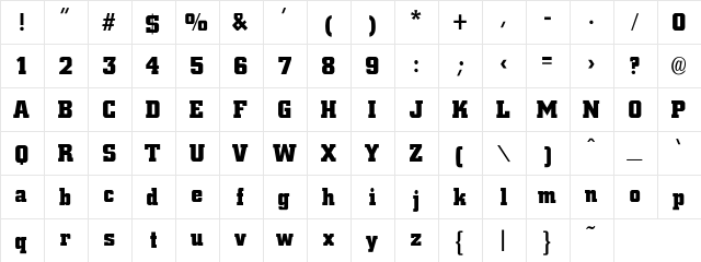 Nite-Bold-Bold Regular  glyph index