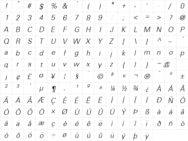 Nova Light SSi Light Italic  glyph index