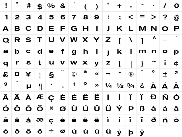 Berthold Akzidenz Grotesk Medium Extended  glyph index