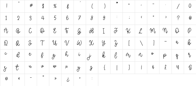 Madelief Regular  glyph index