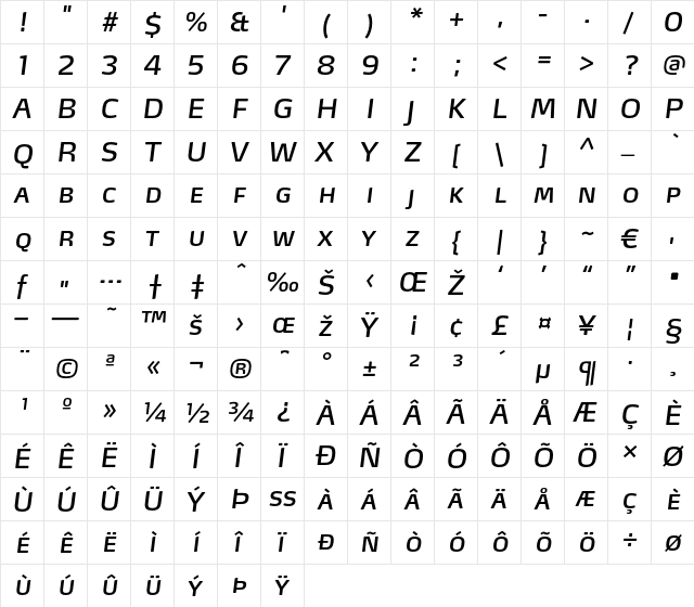 MaxLF-BookItalicSC Regular  glyph index