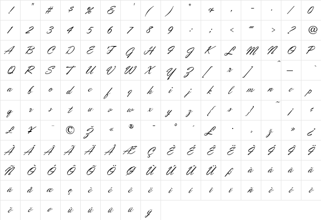 OrionScript Regular  glyph index