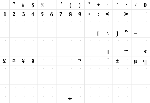 HessOSExBoldTab Regular  glyph index