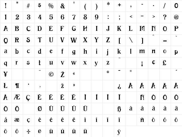 Excelsior Normal  glyph index