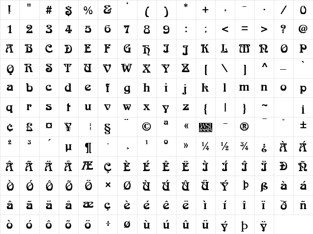 Romaneste Regular  glyph index