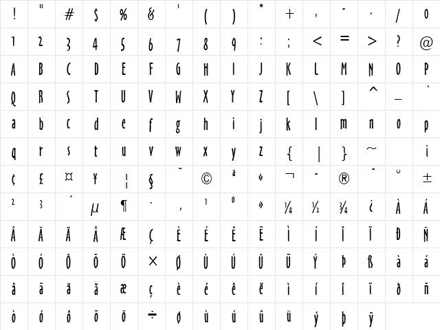 Hobby-Condensed Normal  glyph index