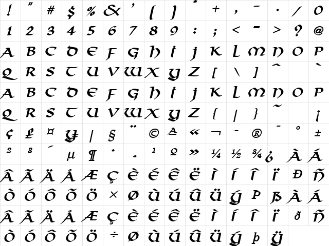 Valhalla BoldItalic  glyph index