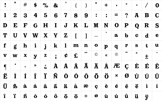 Latin CG Bold Regular  glyph index