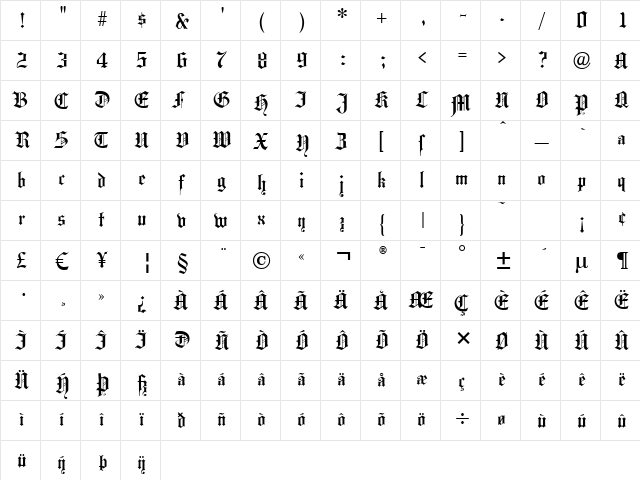 Hansa Gotisch UNZ1L Italic  glyph index