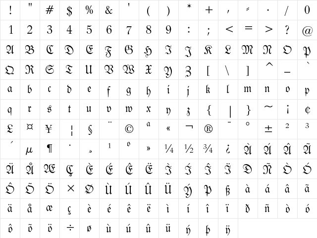 Fraktur Regular  glyph index