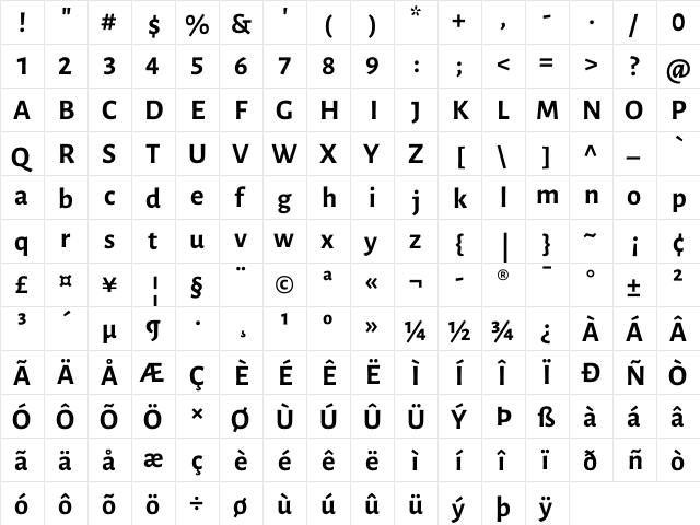 Luna Bold  glyph index