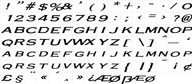 Engraver-Light Ex BI Bold Italic  glyph index