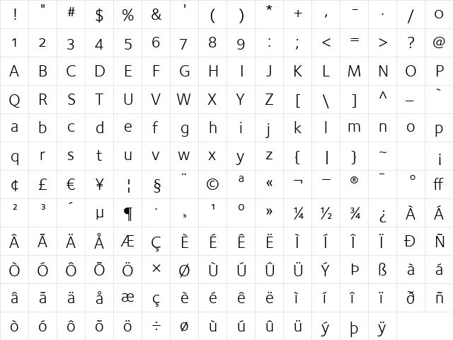 FoundrySterling-BookOSF Regular  glyph index