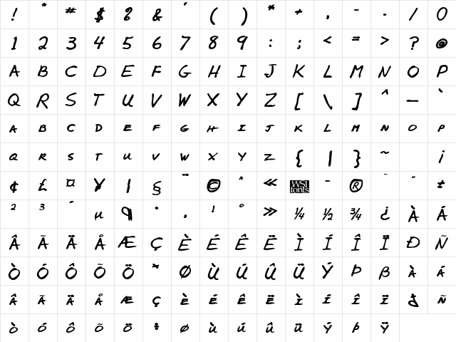 AlexsHand Bold  glyph index