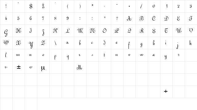 Arabesco Script SSK Regular  glyph index