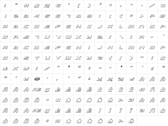 Alexis 3D Italic Italic  glyph index
