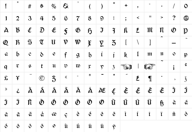 Durwent Regular  glyph index