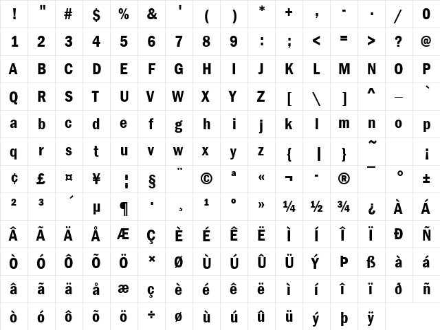 Franklin Gothic Demi Cond Regular  glyph index