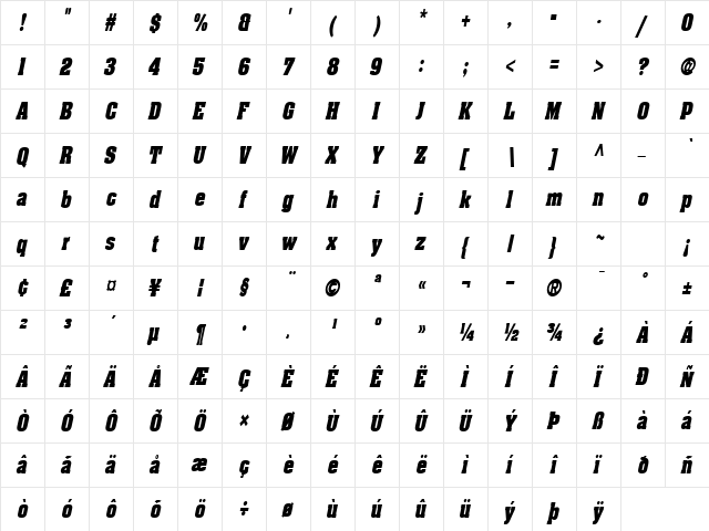 Heidelberg-Condensed Italic  glyph index